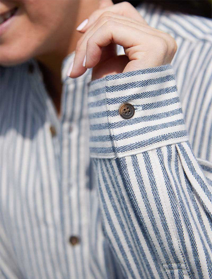 Ladies Flannel Grandfather Shirt - Navy Stripe
