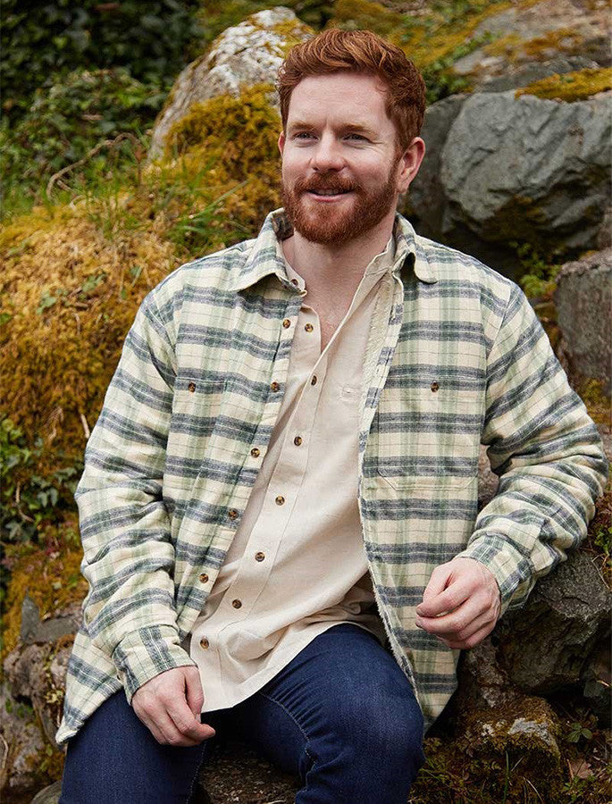 Fleece Lined Flannel Shirt - Ecru Green & Navy Check