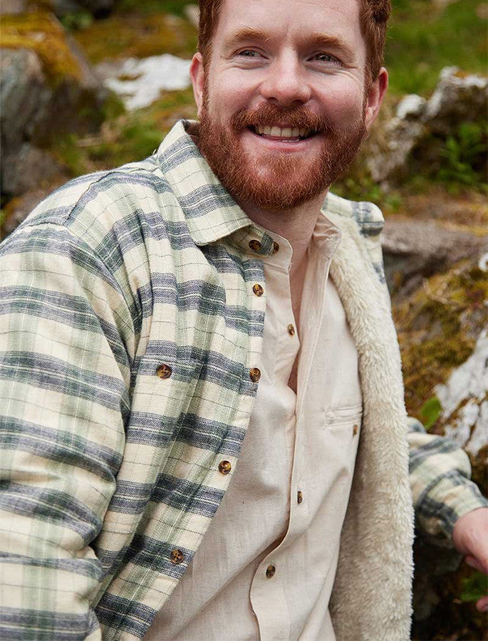 Fleece Lined Flannel Shirt - Ecru Green & Navy Check