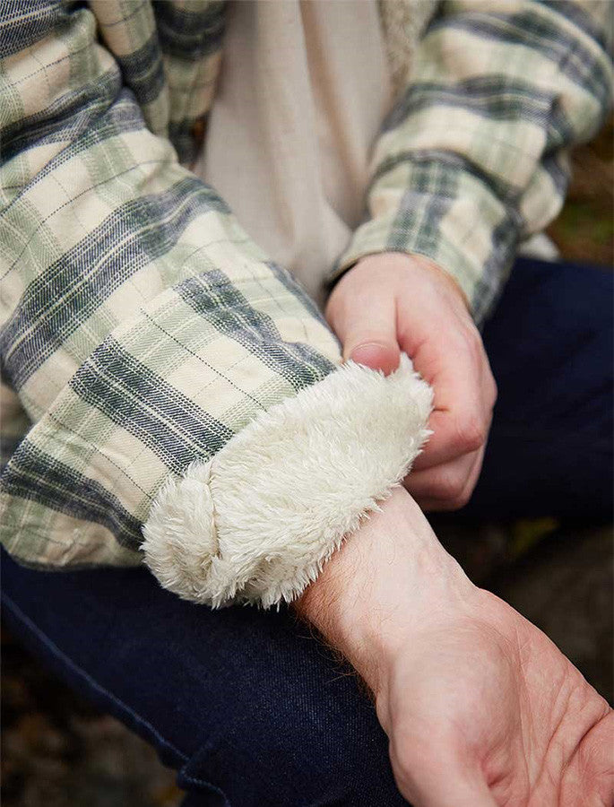 Fleece Lined Flannel Shirt - Ecru Green & Navy Check
