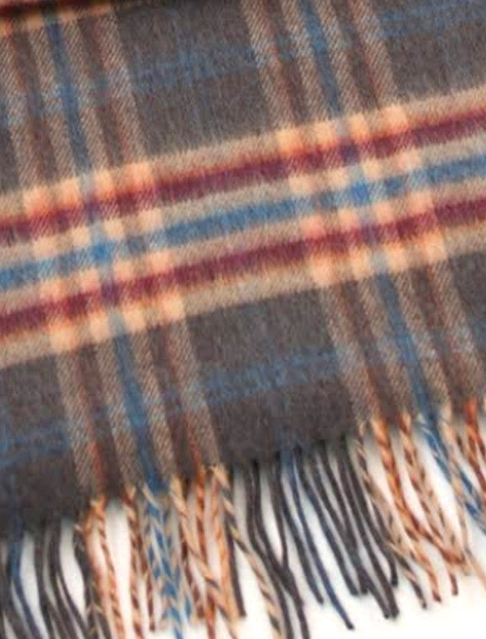 Fine Merino Plaid Scarf - Grey Beige Cranberry