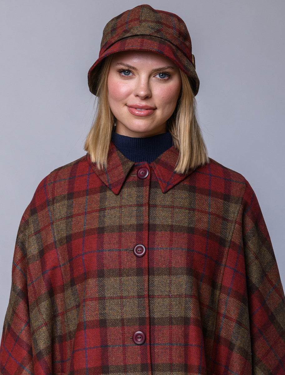 Ladies Tweed Flapper Cap - Red, Brown & Grey