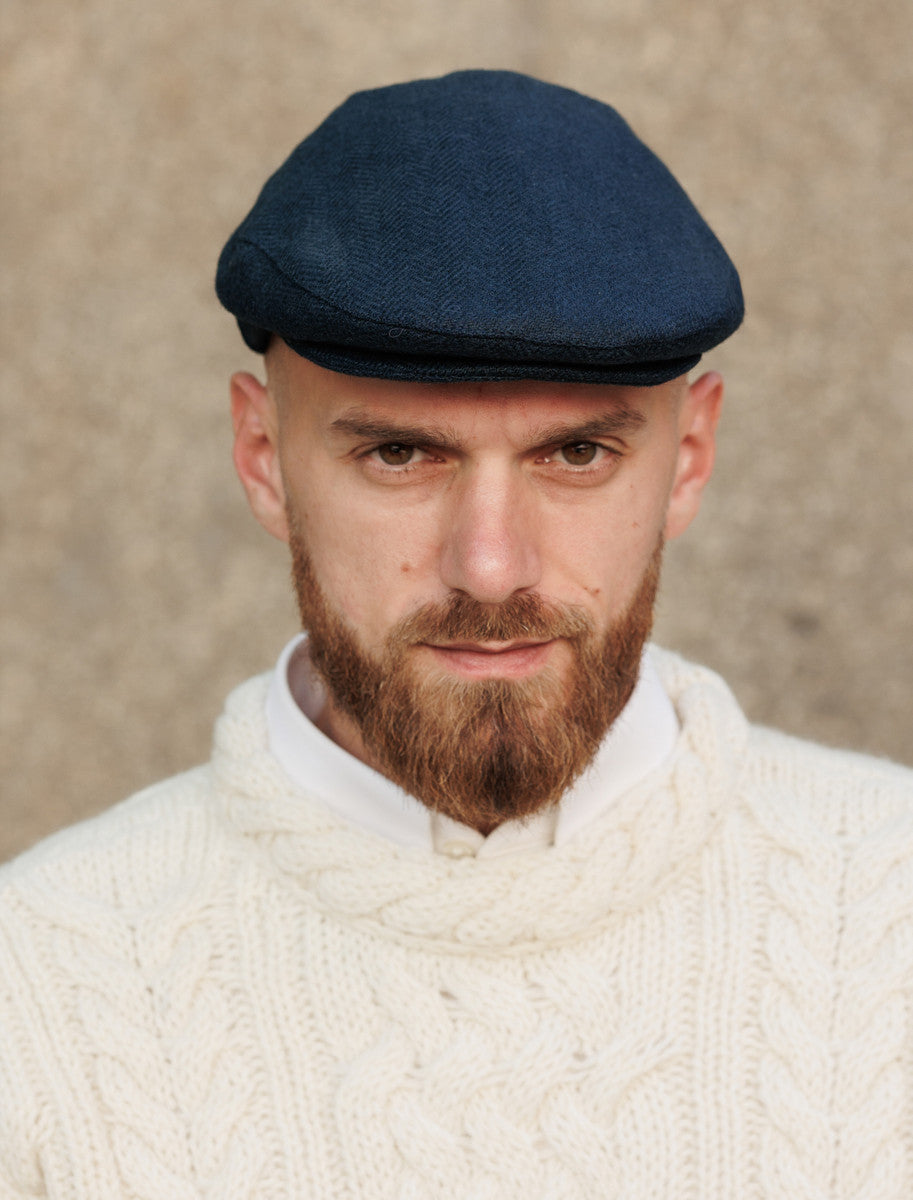 Donegal Tweed Flat Cap - Navy Herringbone