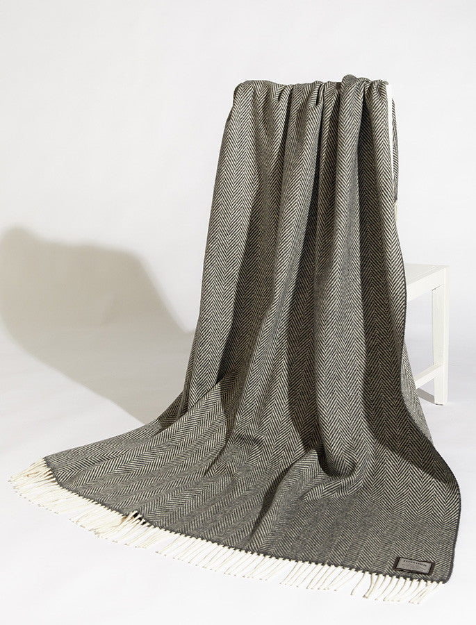Wool and Cashmere Throw - Grey & White Herringbone