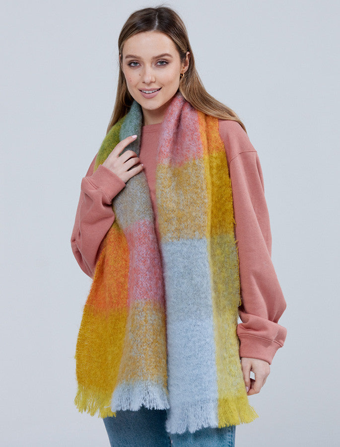 Giant Mohair Scarf - Gold/Blue Block