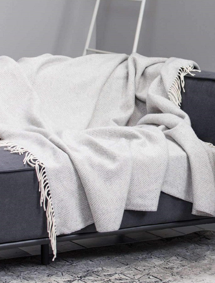 Wool and Cashmere Throw - Pearl Grey Herringbone