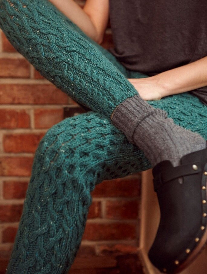 Wool Cashmere Aran Cable Leggings - Garden Green