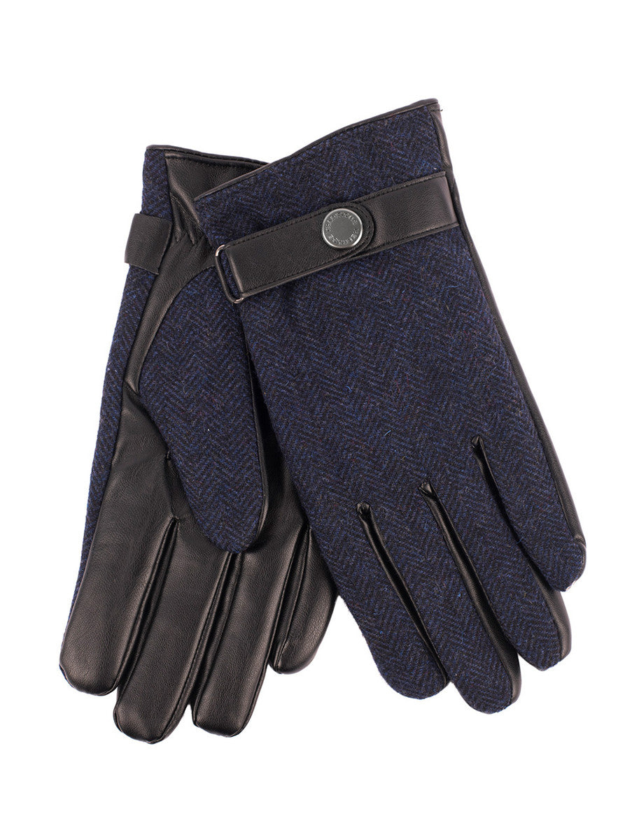 Mens Tweed Stud Gloves - Navy Herringbone