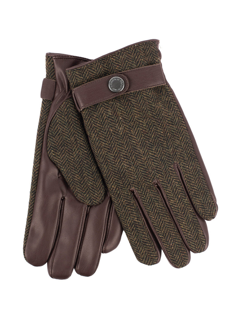Mens Tweed Stud Gloves - Green Herringbone