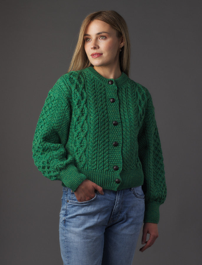 Cropped Wool Aran Cardigan - Green Marl