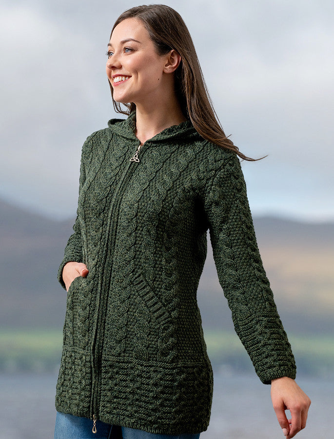 Hooded Coatigan with Celtic Knot Zipper Pull - Army Green