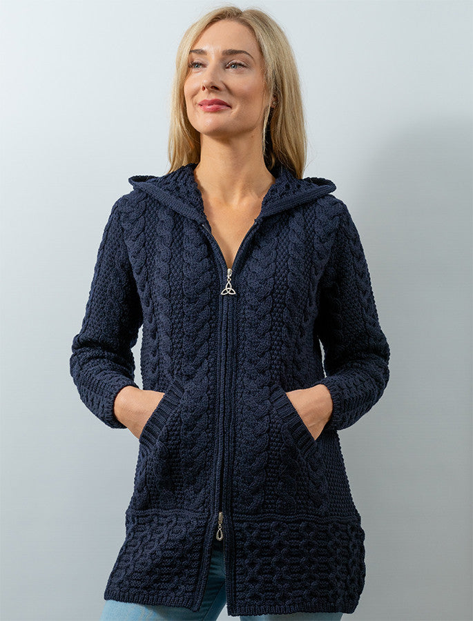 Hooded Coatigan with Celtic Knot Zipper Pull - Navy