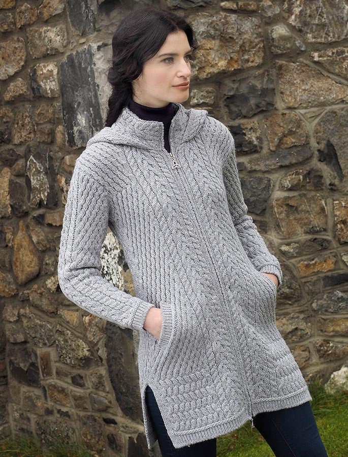 Merino Hooded Aran Coat - Soft Grey