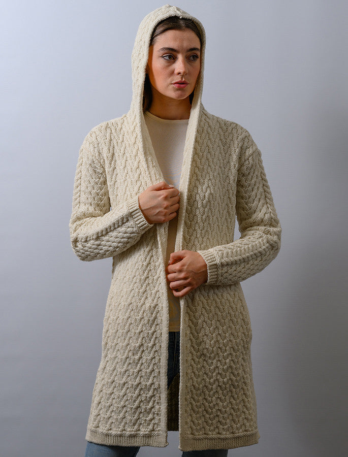 Ladies Herringbone Design Shawl Hood - Natura White