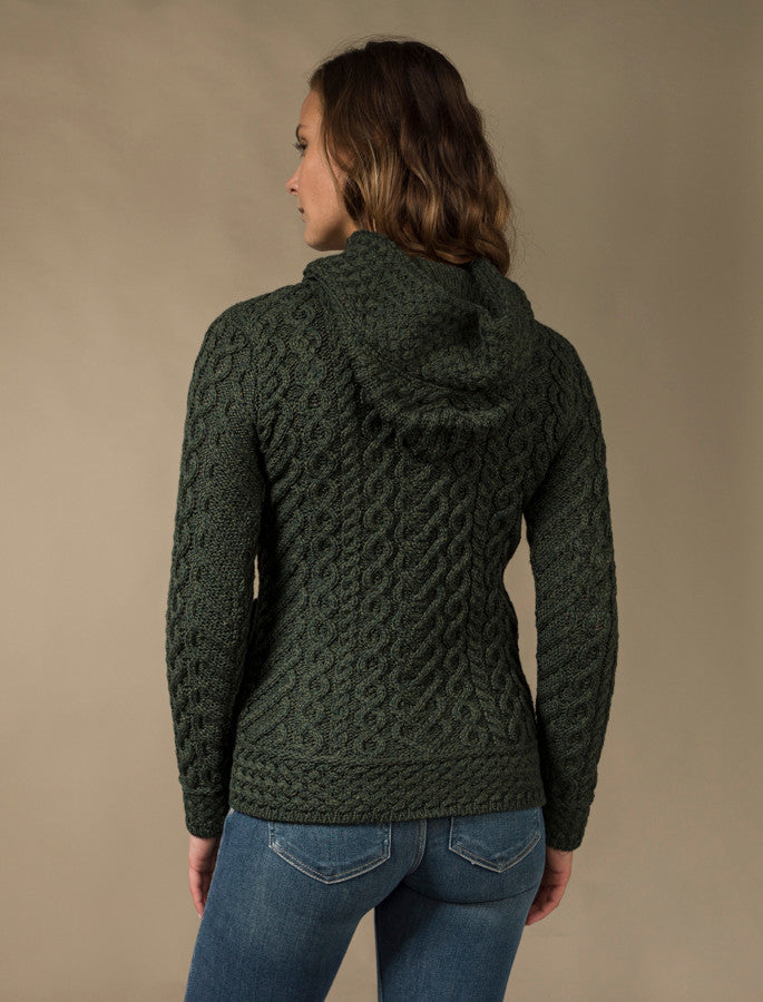 Cable Knit Hoodie With Celtic Side Zip - Army Green