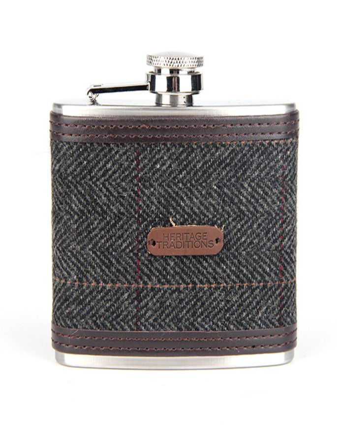 Tweed Hip Flask - Grey Herringbone