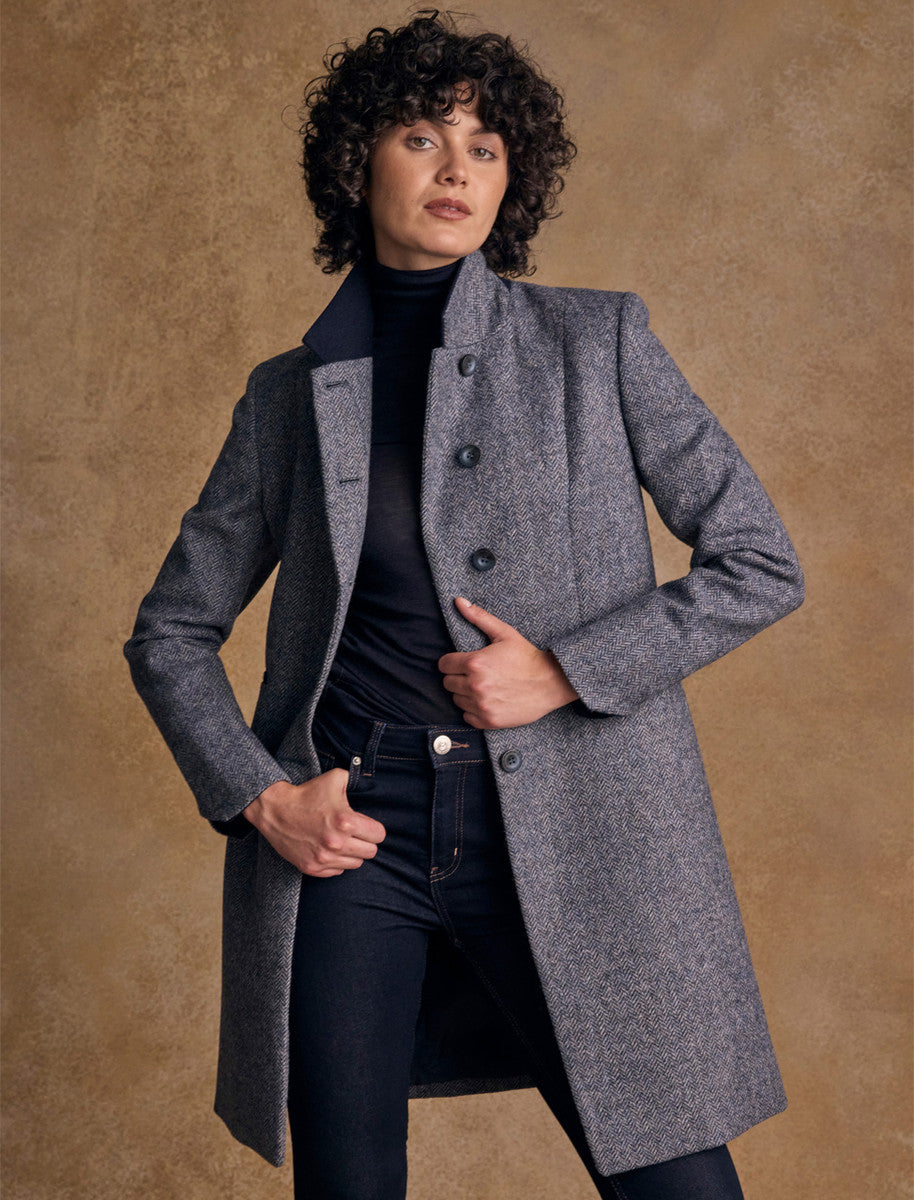 Isabella Tweed Coat - Denim Herringbone