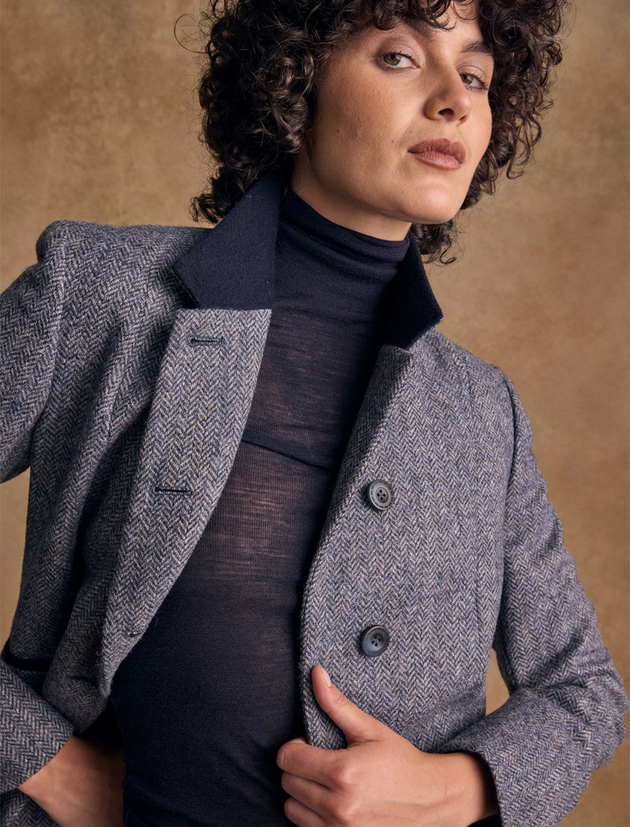 Isabella Tweed Coat - Denim Herringbone