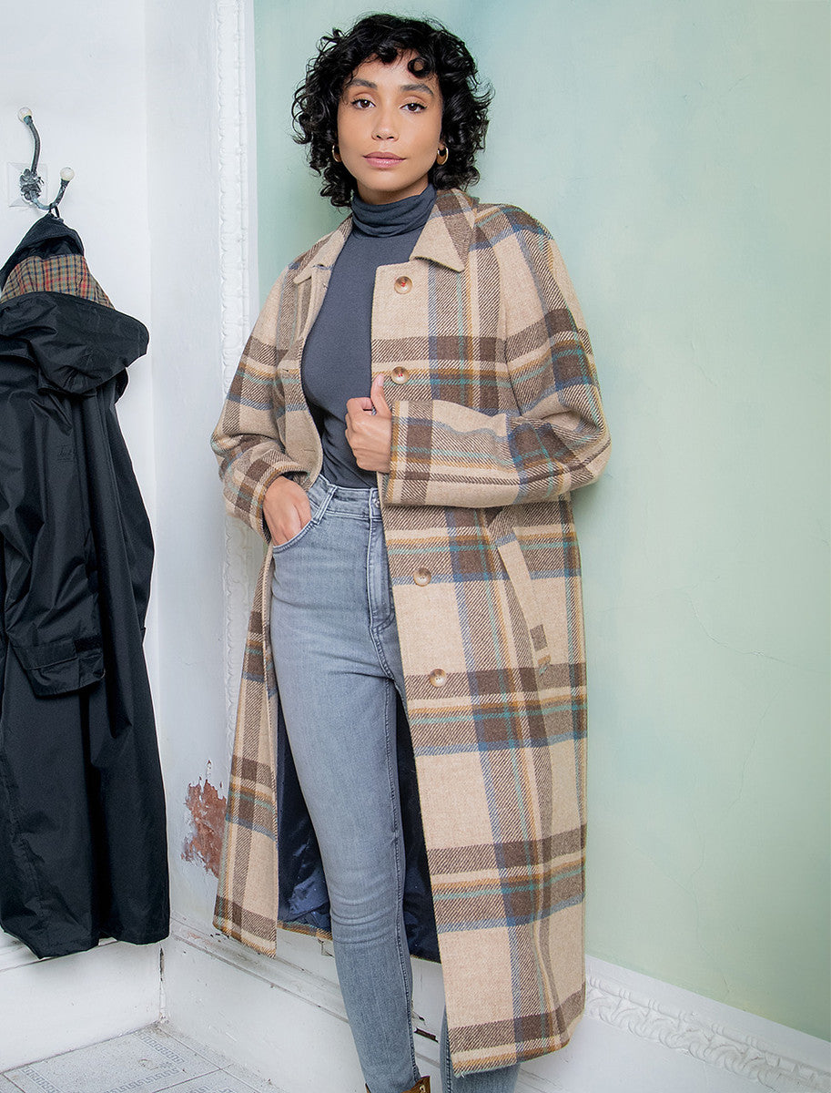 Shauna Long Tweed Coat - Cream Block Check