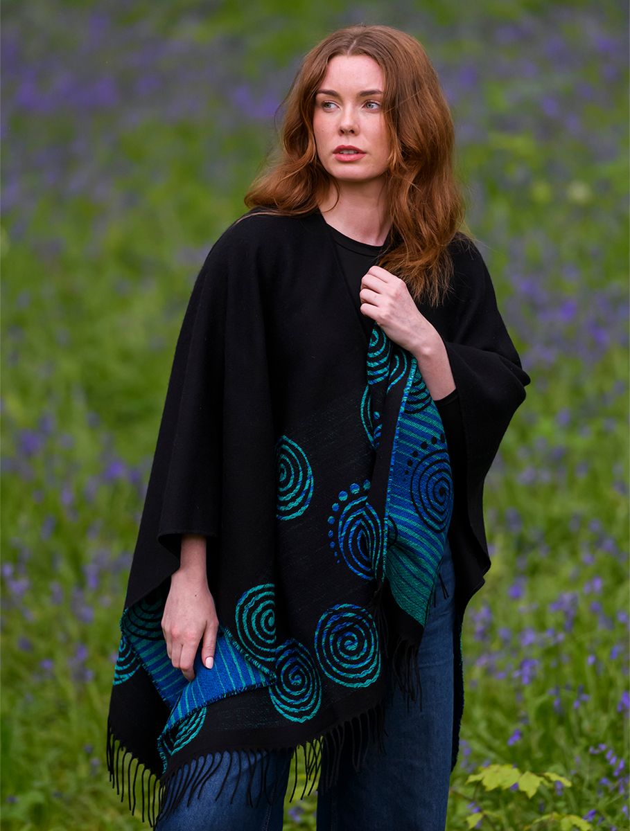Fringed Celtic Spiral Shawl - Black & Turquoise
