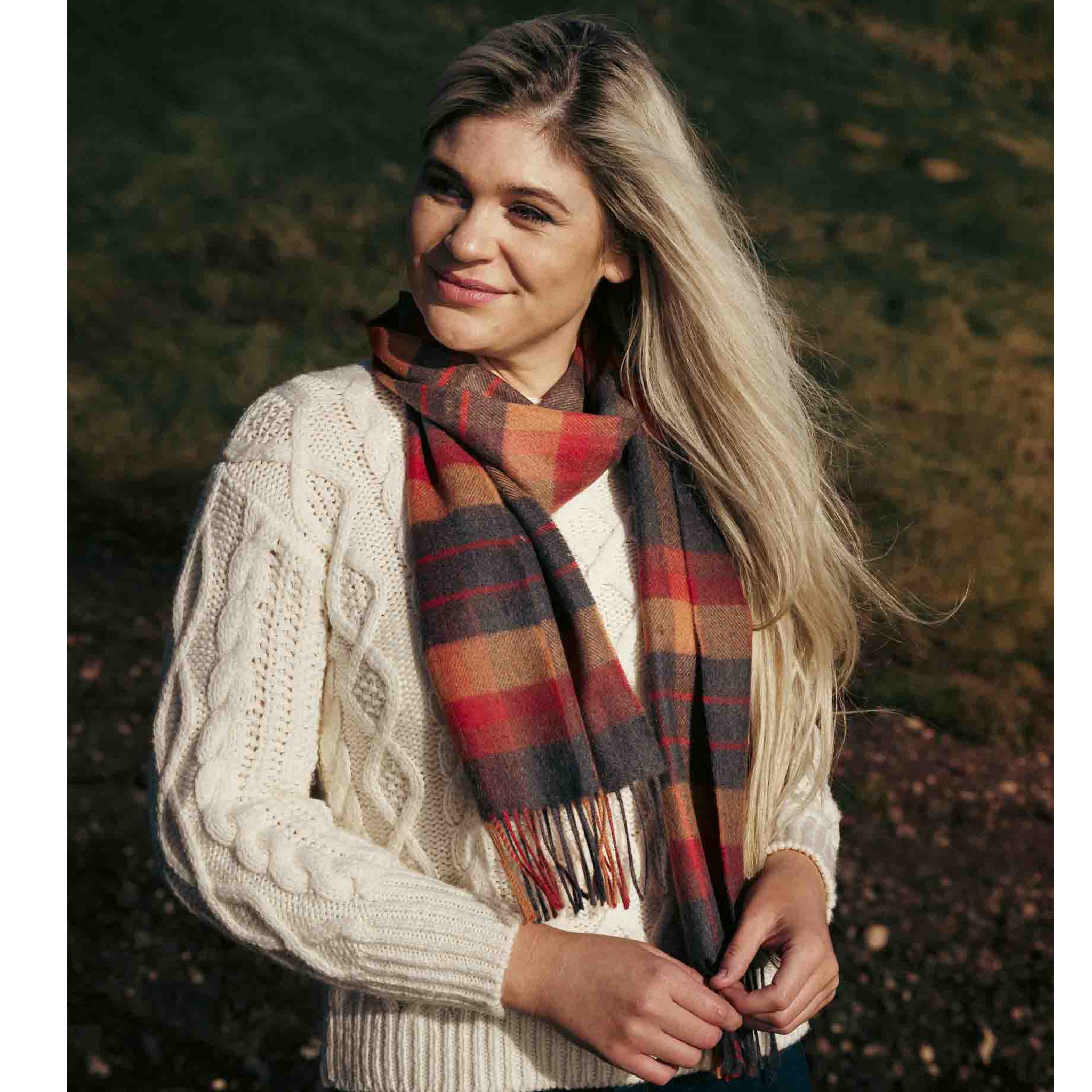 Merino Luxury Wool Scarf - Orange Charcoal Plaid
