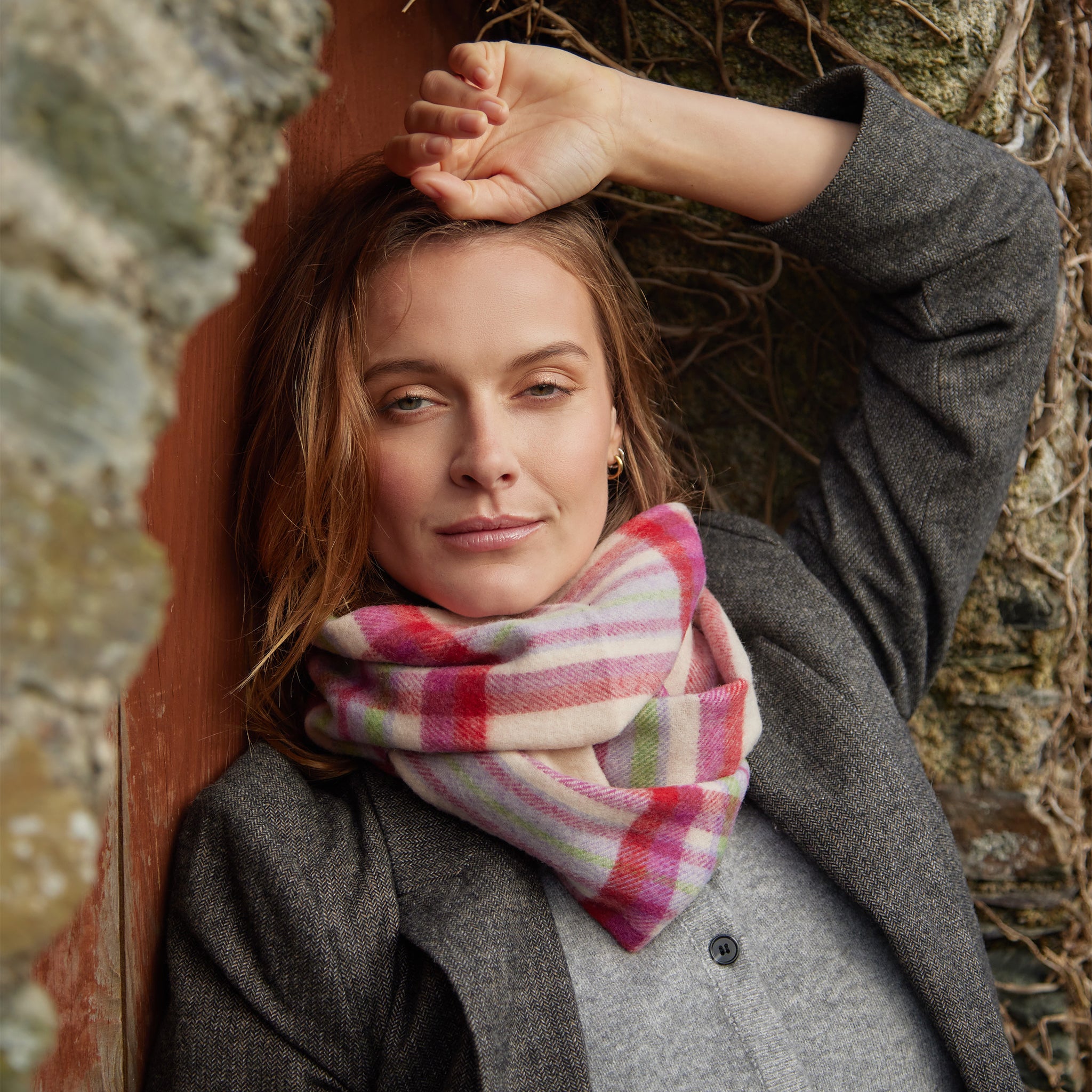 Narrow Lambswool Plaid Scarf - Berries and Cream