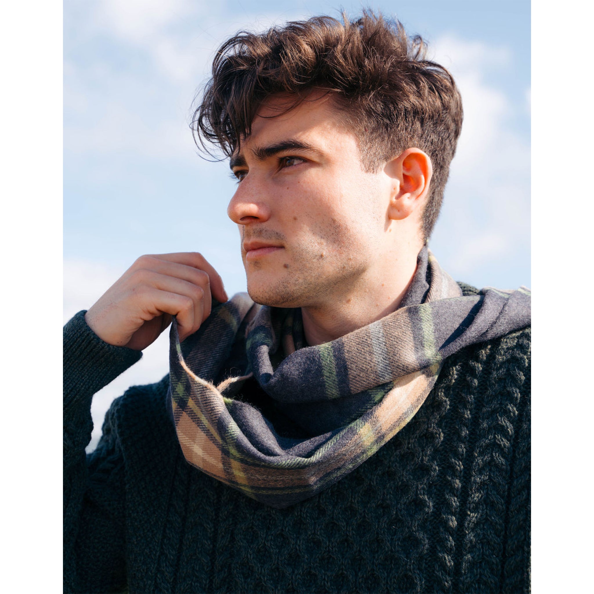 Fine Merino Plaid Scarf - Charcoal Tan Green