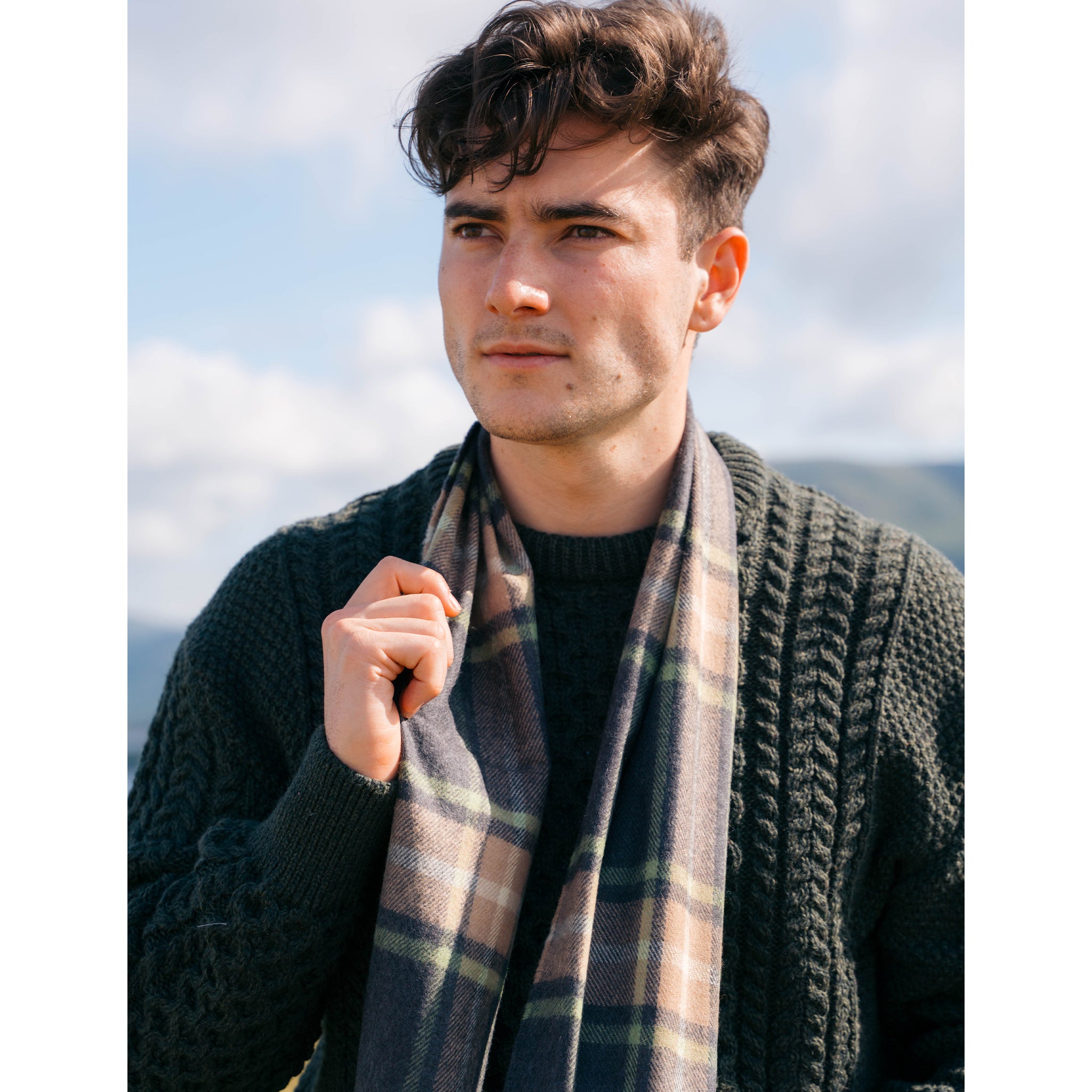 Fine Merino Plaid Scarf - Charcoal Tan Green