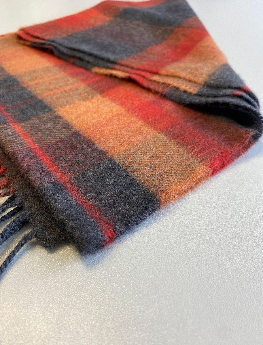 Merino Luxury Wool Scarf - Orange Charcoal Plaid