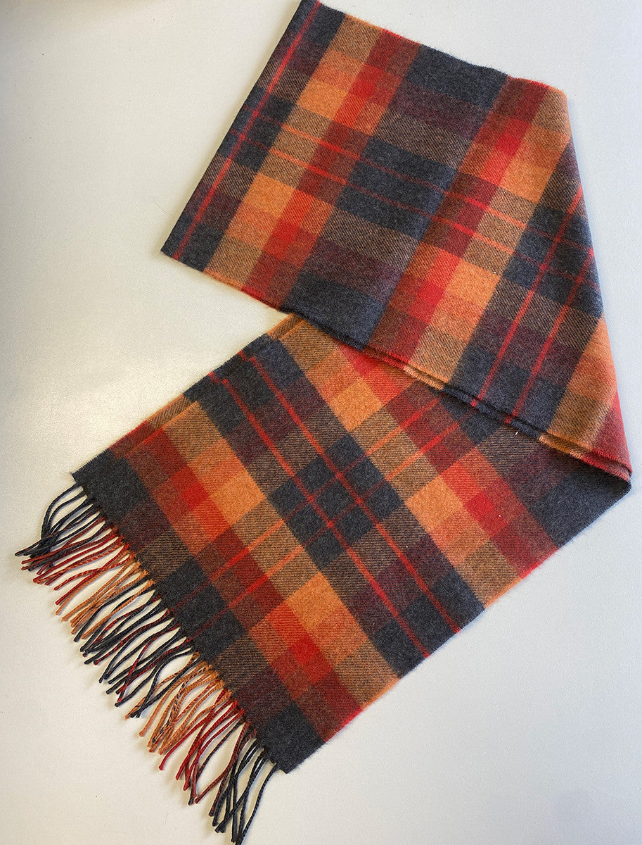 Merino Luxury Wool Scarf - Orange Charcoal Plaid