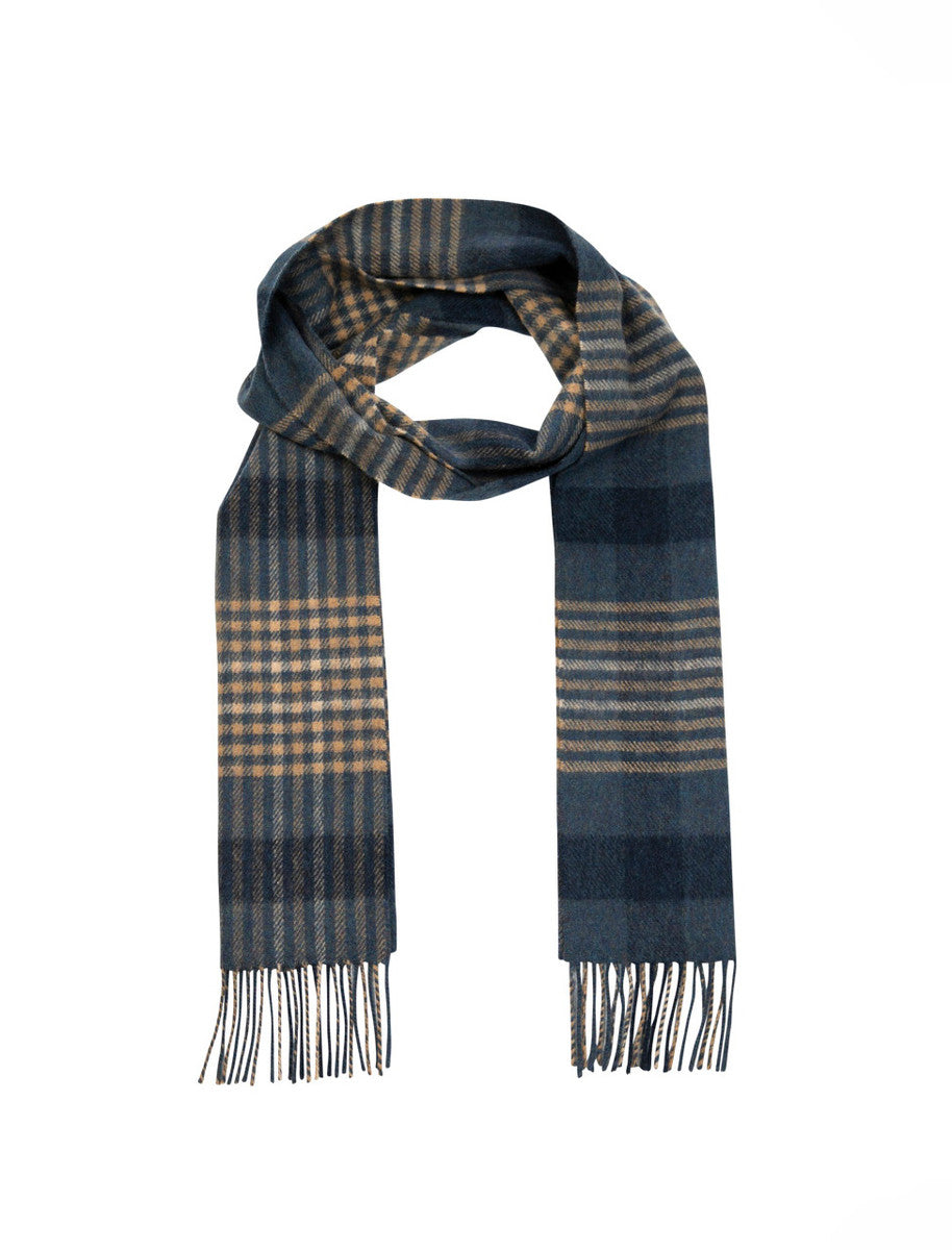 Narrow Lambswool Checked Scarf - Denim, Navy & Beige Plaid