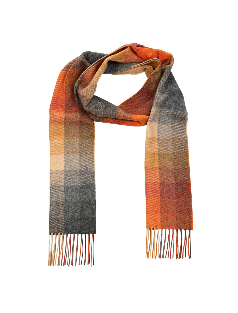 Narrow Lambswool Checked Scarf - Orange, Grey & Beige Plaid