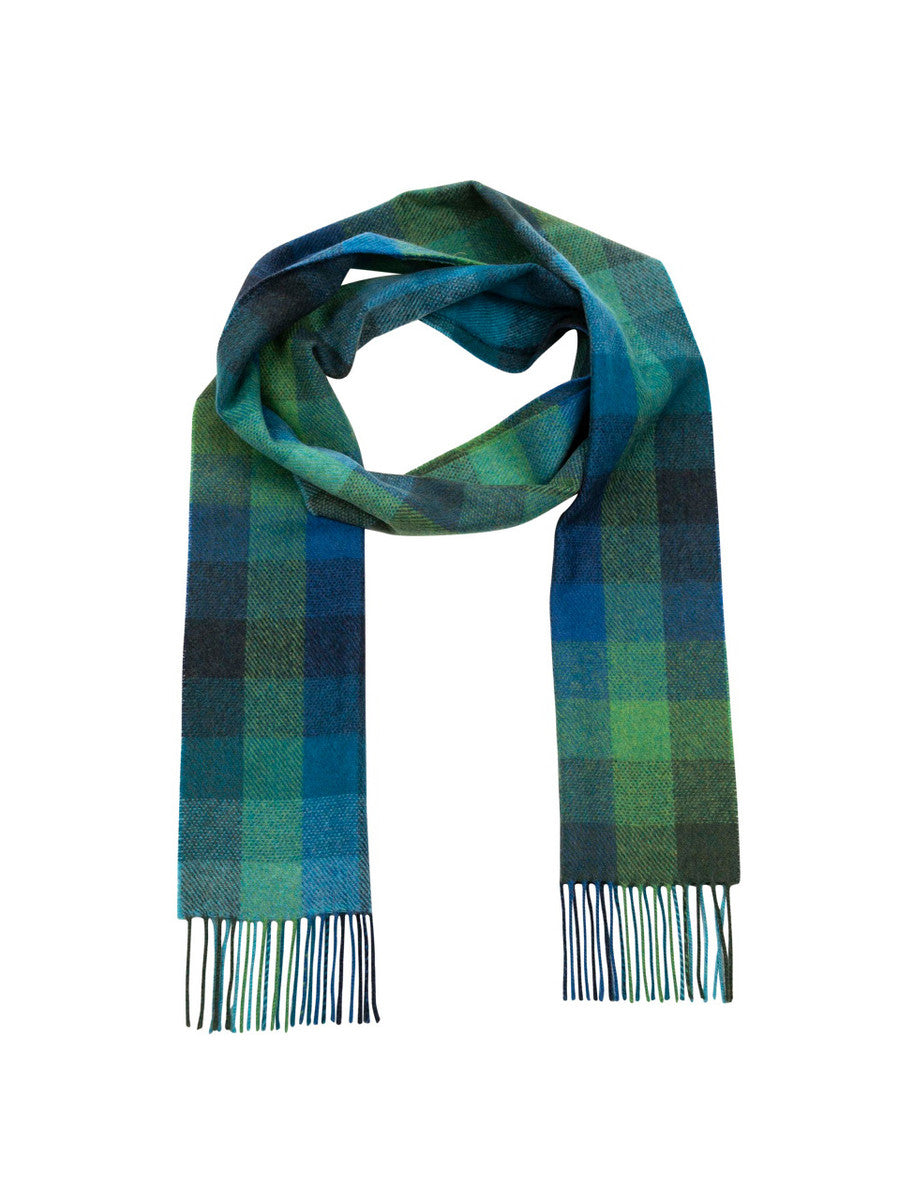 Narrow Lambswool Checked Scarf - Turquoise, Green & Blue Plaid