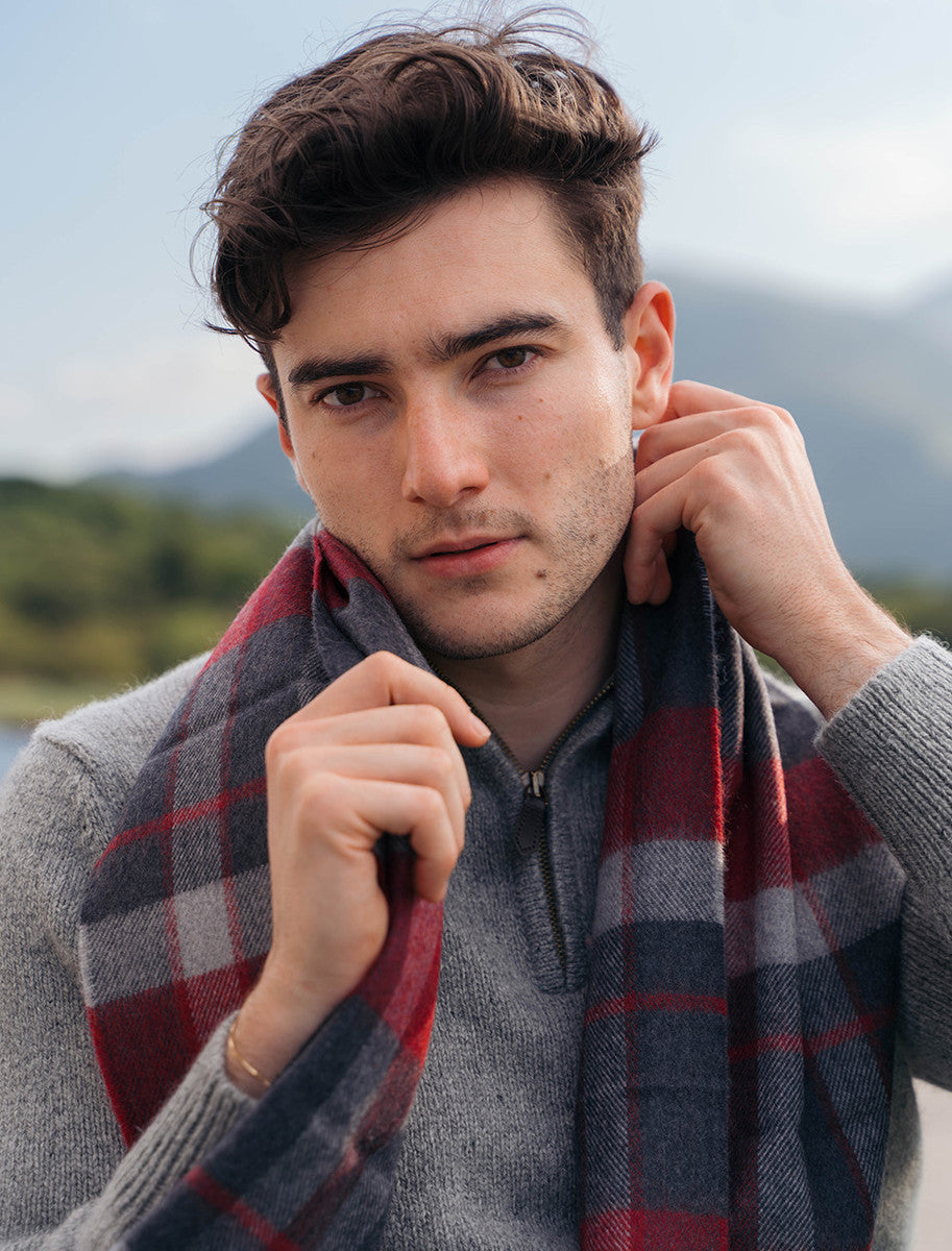 Fine Merino Plaid Scarf - Charcoal Red White