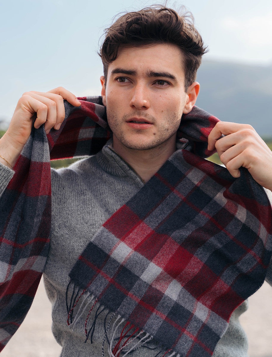 Fine Merino Plaid Scarf - Charcoal Red White