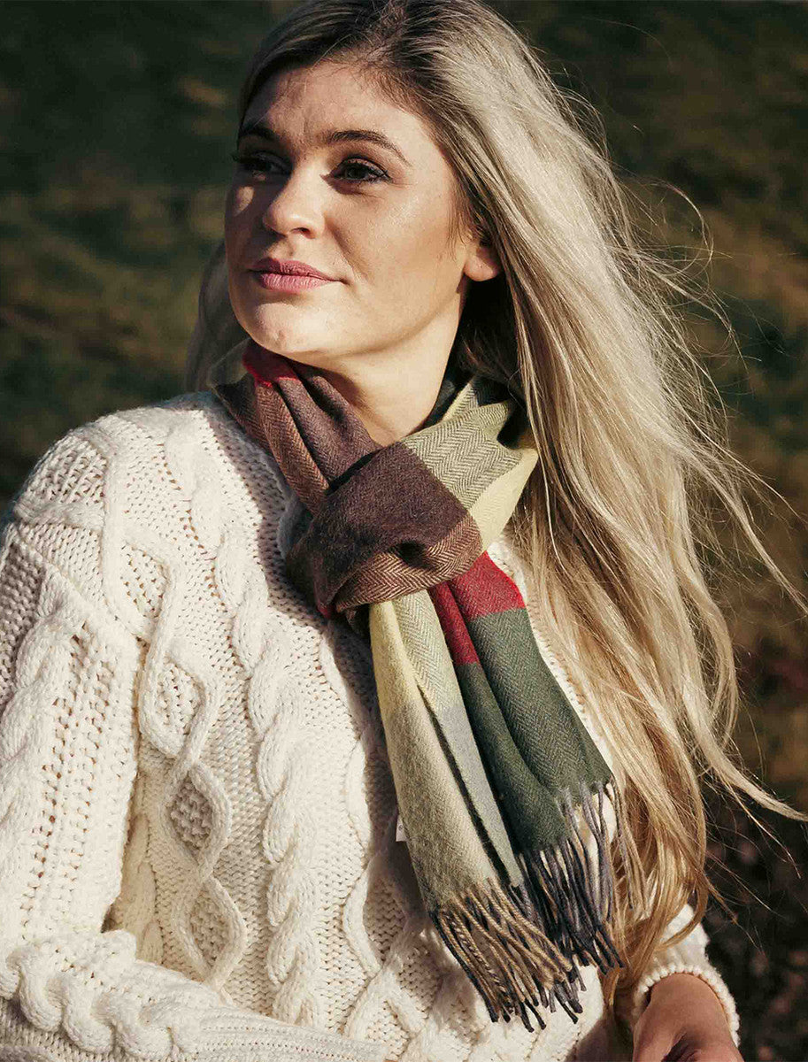 Fine Merino Plaid Scarf - Green Gold & Red