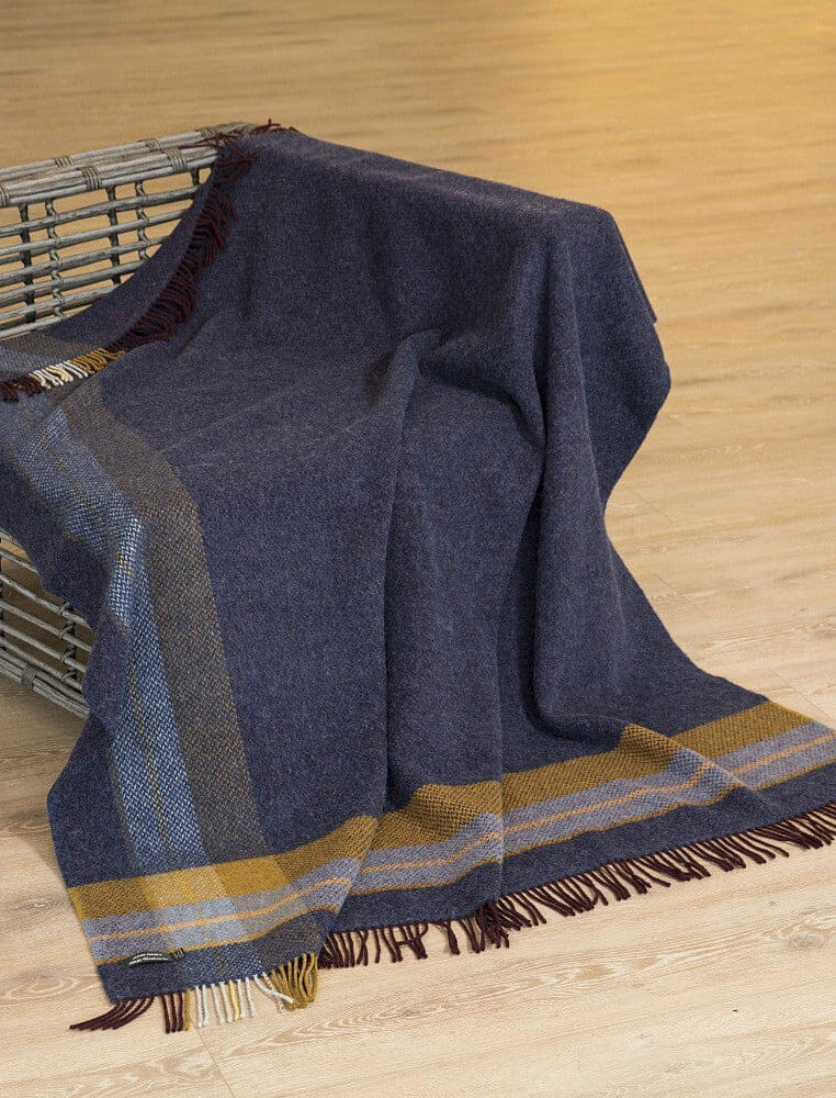 Cashmere Wool Throw - Navy & Mustard