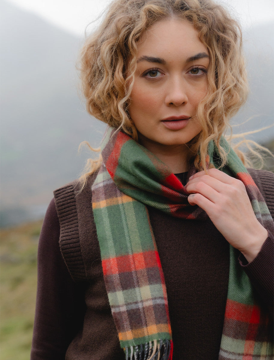 Fine Merino Plaid Scarf - Green Rust & Orange