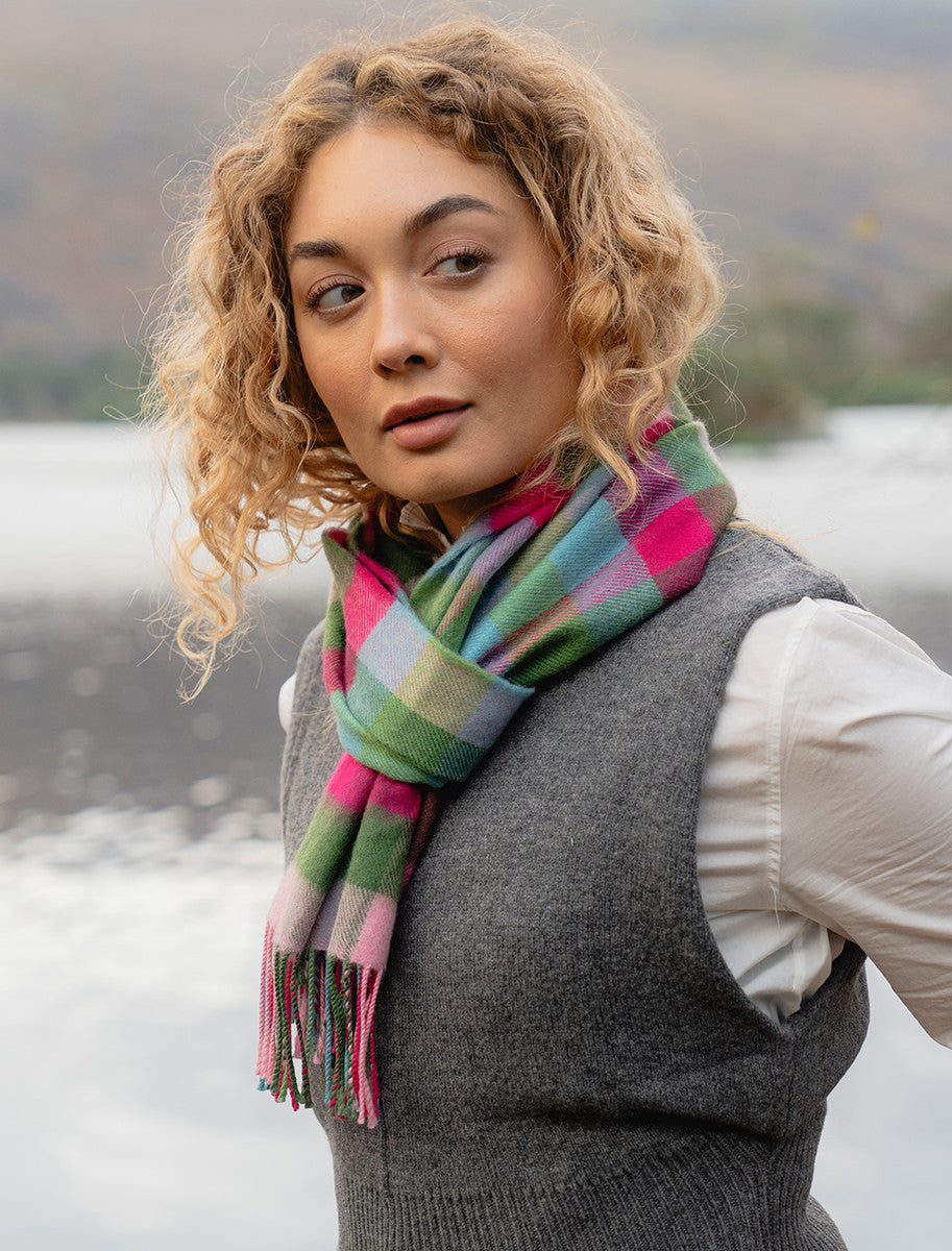 Fine Merino Plaid Scarf - Pink Blue Green