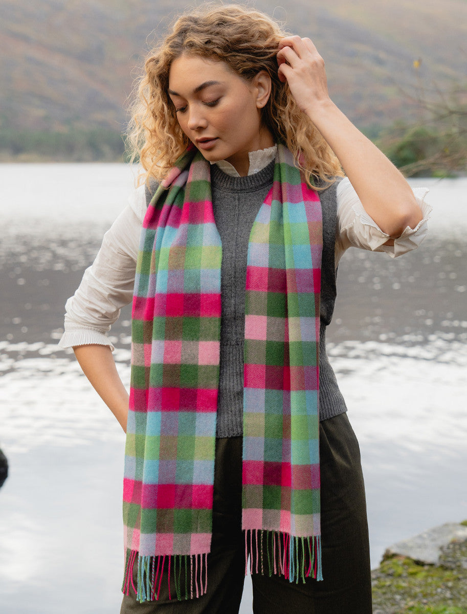 Fine Merino Plaid Scarf - Pink Blue Green