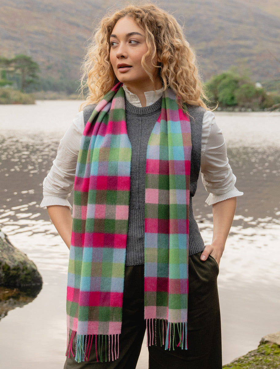 Fine Merino Plaid Scarf - Pink Blue Green