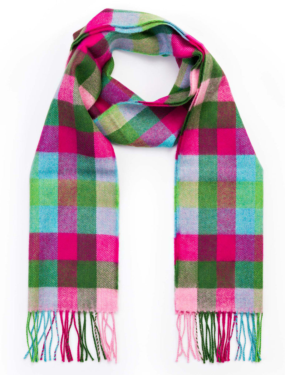 Fine Merino Plaid Scarf - Pink Blue & Green