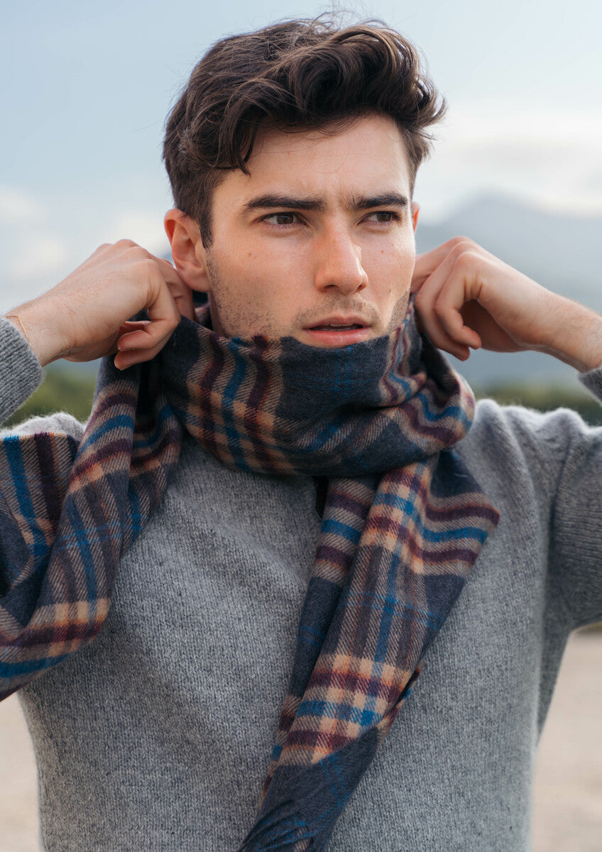 Fine Merino Plaid Scarf - Grey Beige Cranberry