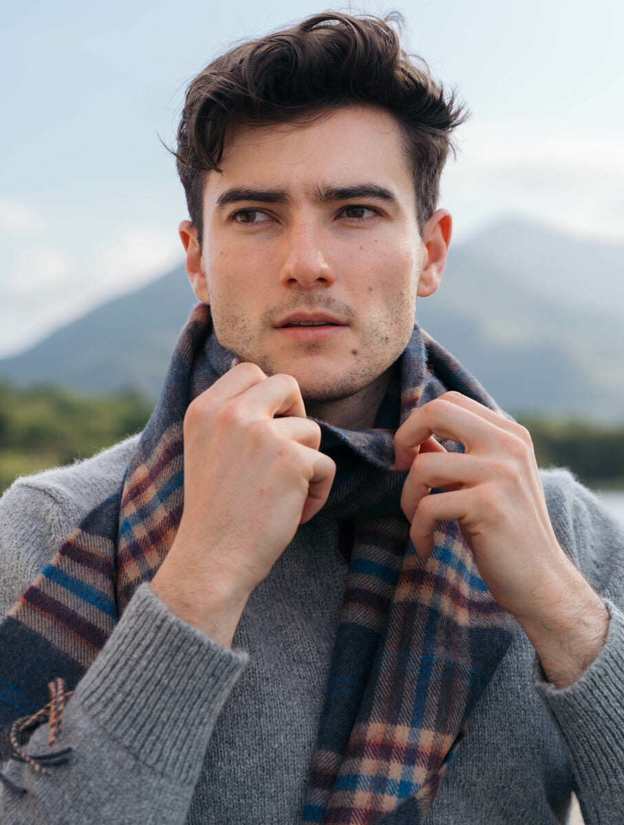 Fine Merino Plaid Scarf - Grey Beige Cranberry