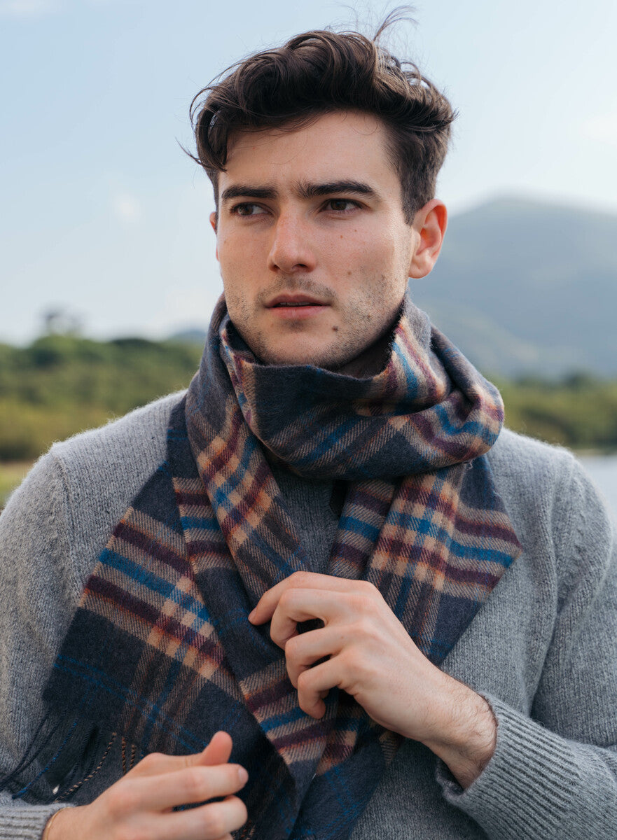 Fine Merino Plaid Scarf - Grey Beige Cranberry