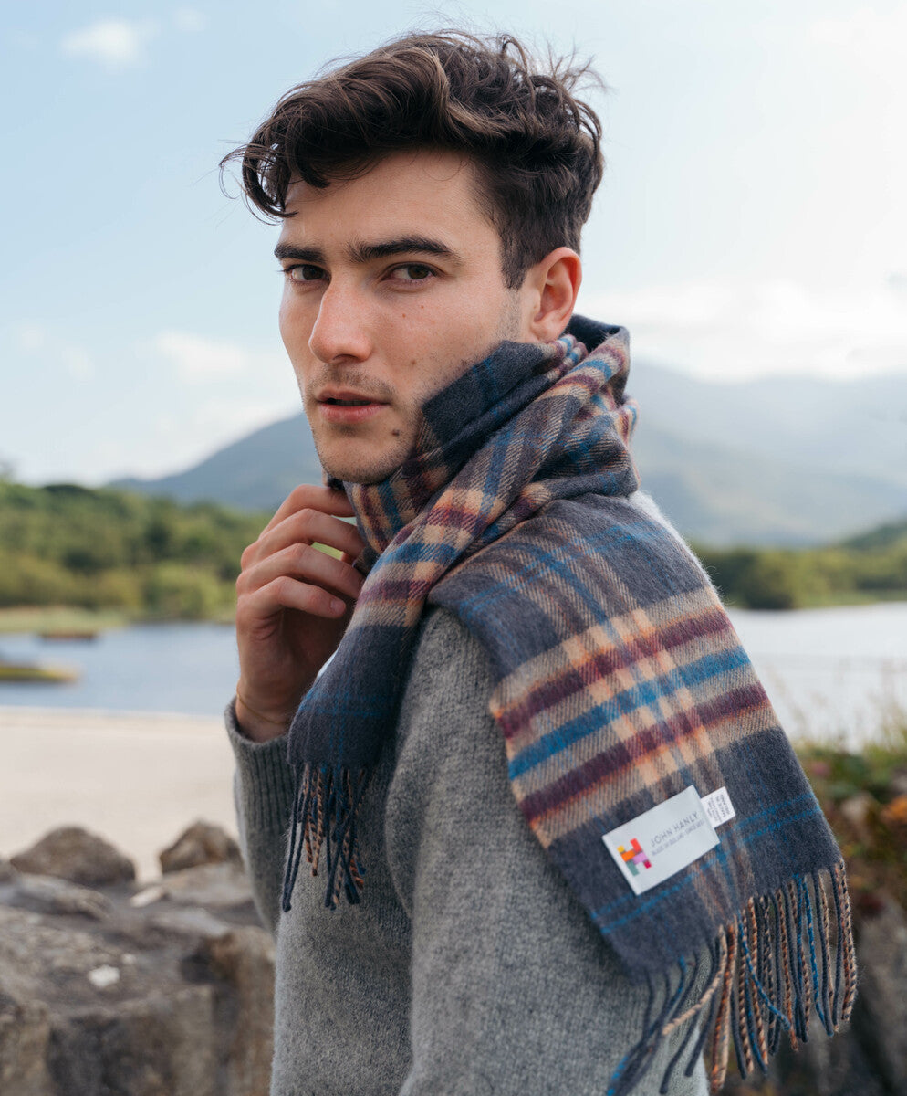 Fine Merino Plaid Scarf - Grey Beige Cranberry