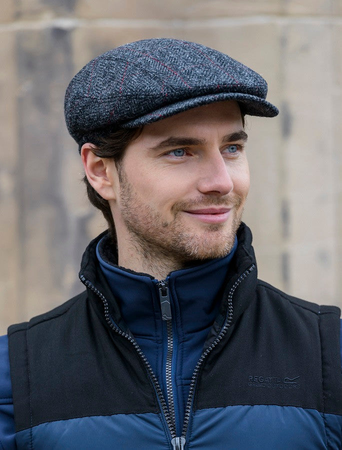 Kerry Tweed Flat Cap - Charcoal with Red