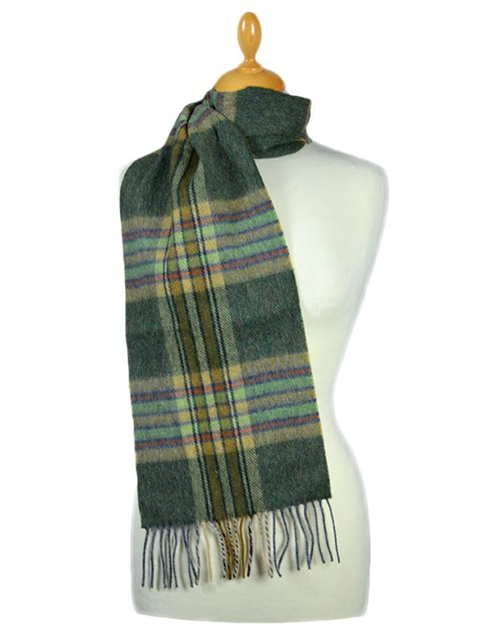 Narrow Lambswool Plaid Scarf - Olive
