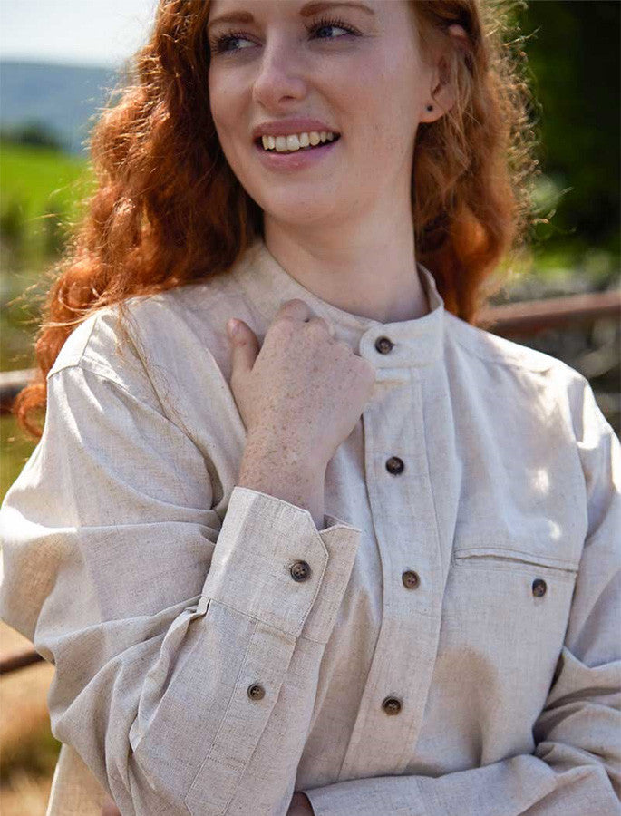 Ladies Irish Linen Grandfather Shirt - Natural Marl