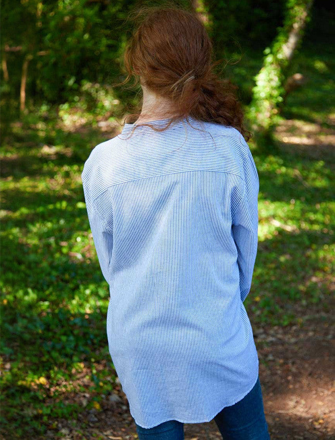 Ladies Irish Linen Grandfather Shirt - Navy & White Stripe